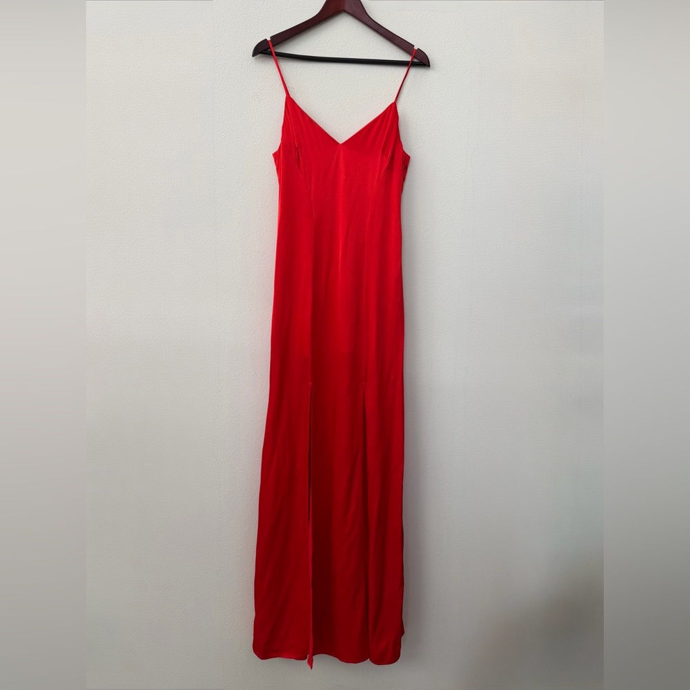 NWT ABS by Allen Schwartz Red Satin Backless Formal Maxi Slip Dress Slits Size 6